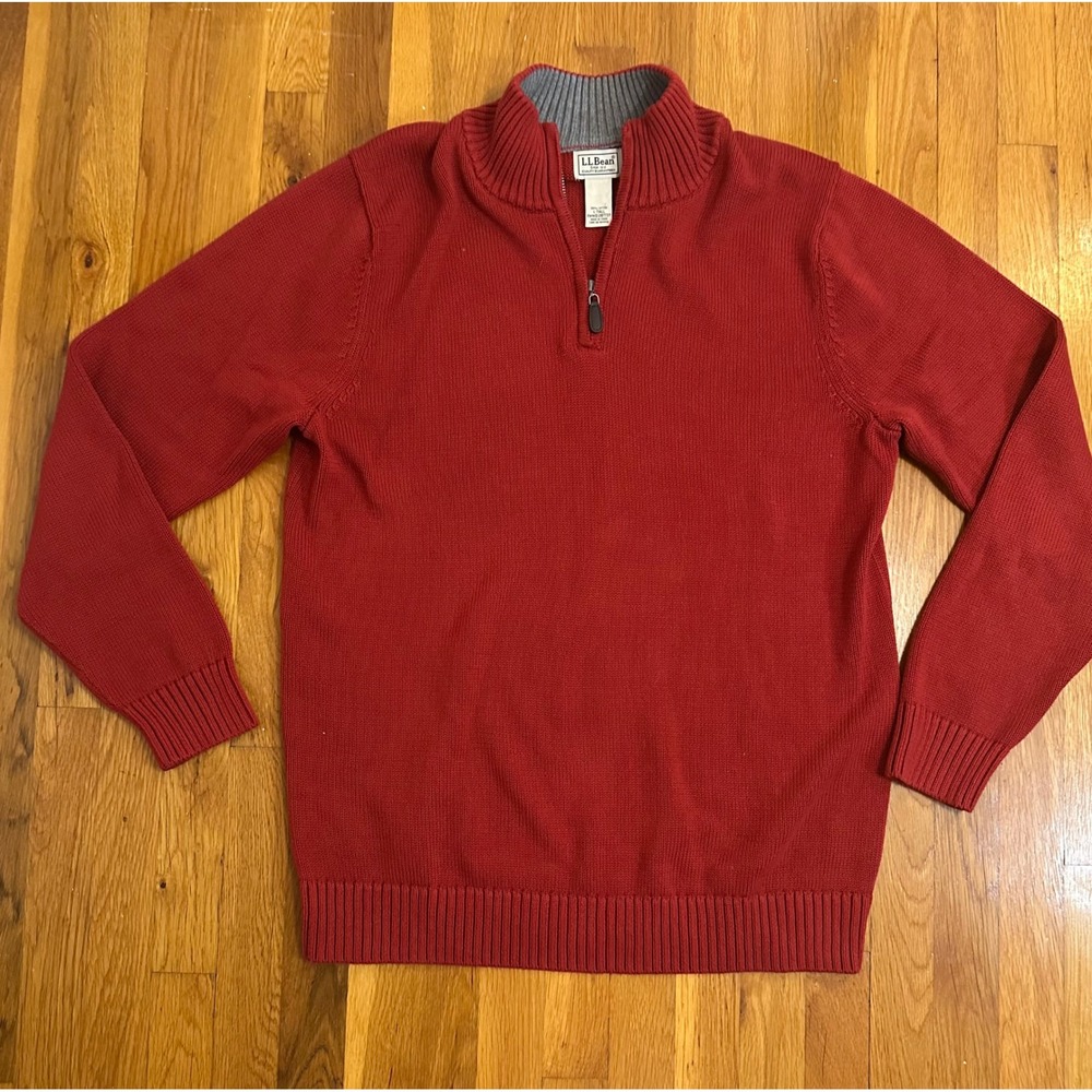LL Bean Mens Red Cotton Quarter Zip Sweater Mock Neck L-Tall 287737